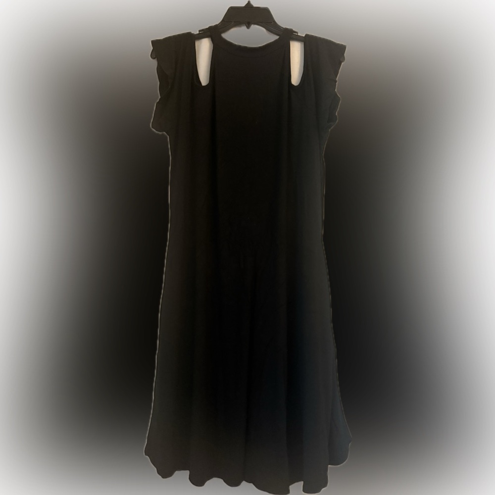 Shiela Rose Elegant Black Dress with peakaboo shoulders and feathered sleeves